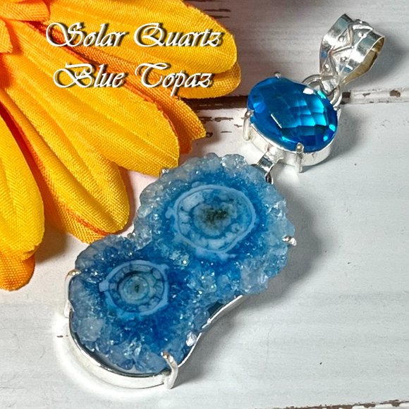 Solar Agate Blue Topaz Pendant Handmade Gemstone Crystal 925 Silver Long New! - Picture 9 of 9